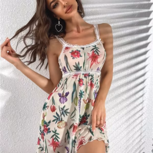 Casual Floral Print Sleepwear Mesh Ruffle Vintage Sleep Nightdress