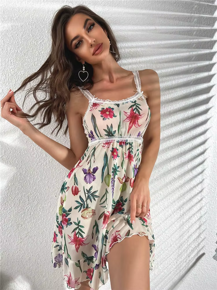 Casual Floral Print Sleepwear Mesh Ruffle Vintage Sleep Nightdress