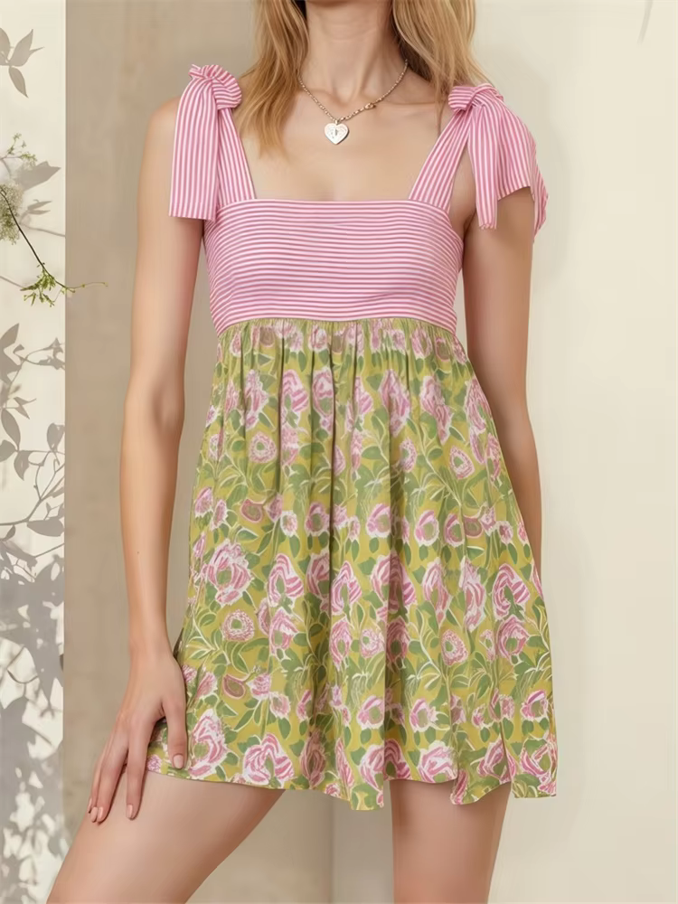 Casual Floral Print Tie Up Strap Sleeveless Loose Mini Dress