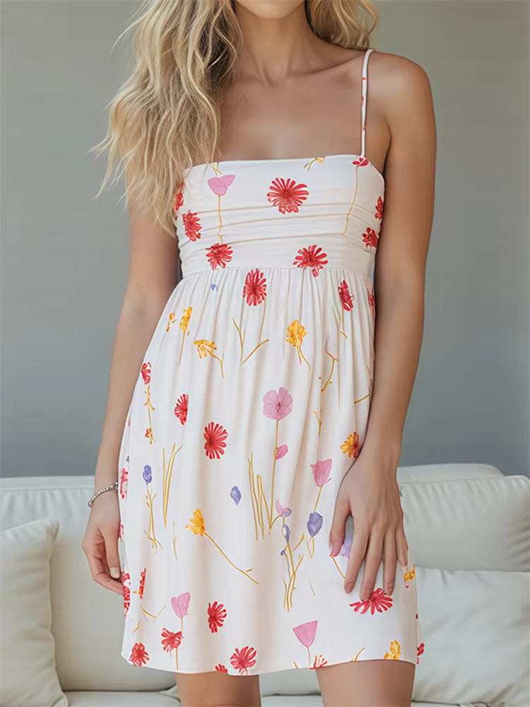 Casual Floral Print Tie up Bow Backless Strap Mini Dress Streetwear