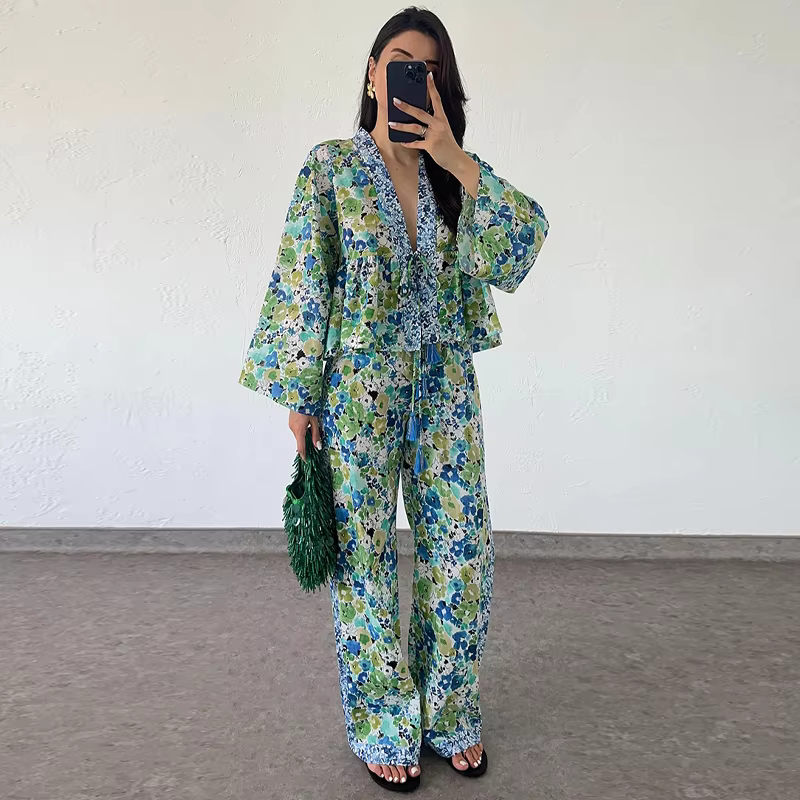 Casual Floral Printed Lace Up Long Sleeve Shirt Loose Wide Leg Trousers 2 Piece Set
