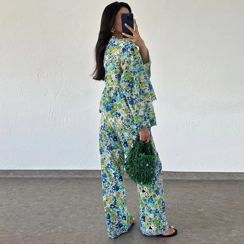 Casual Floral Printed Lace Up Long Sleeve Shirt Loose Wide Leg Trousers 2 Piece Set - Image 2