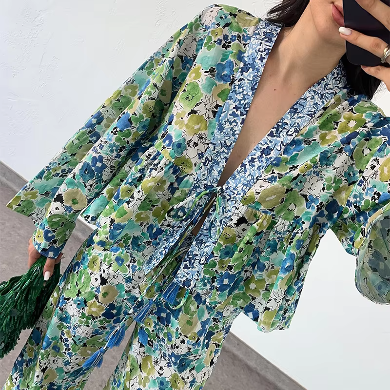 Casual Floral Printed Lace Up Long Sleeve Shirt Loose Wide Leg Trousers 2 Piece Set - Image 3