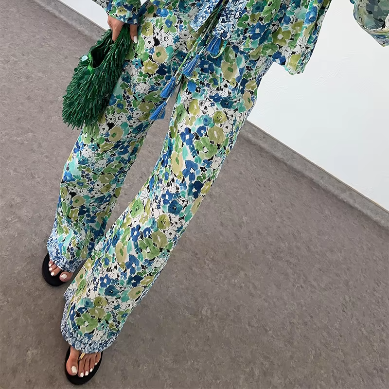 Casual Floral Printed Lace Up Long Sleeve Shirt Loose Wide Leg Trousers 2 Piece Set - Image 4