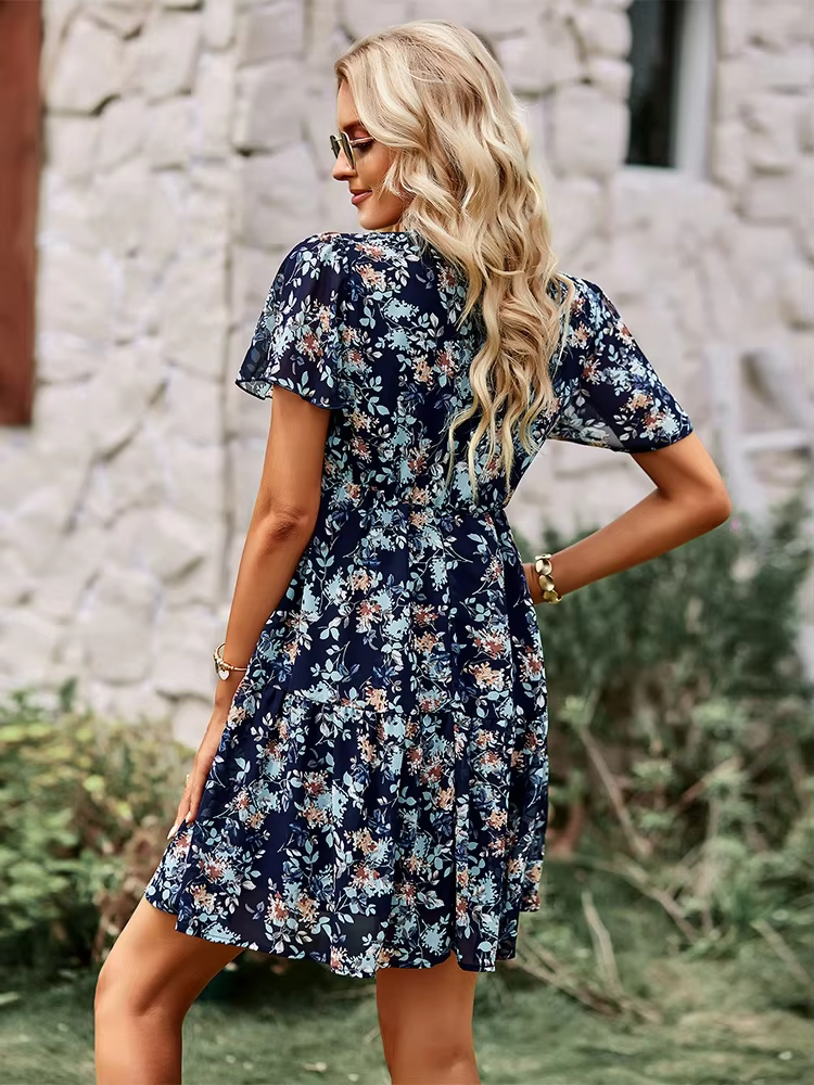 Casual Floral Printed V-Neck Short Sleeve Loose Mini Dress - Image 17