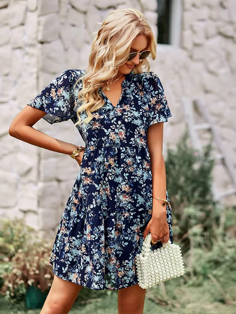Casual Floral Printed V-Neck Short Sleeve Loose Mini Dress - Image 14