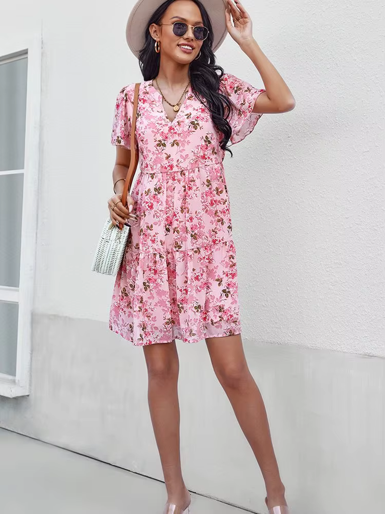 Casual Floral Printed V-Neck Short Sleeve Loose Mini Dress - Image 10