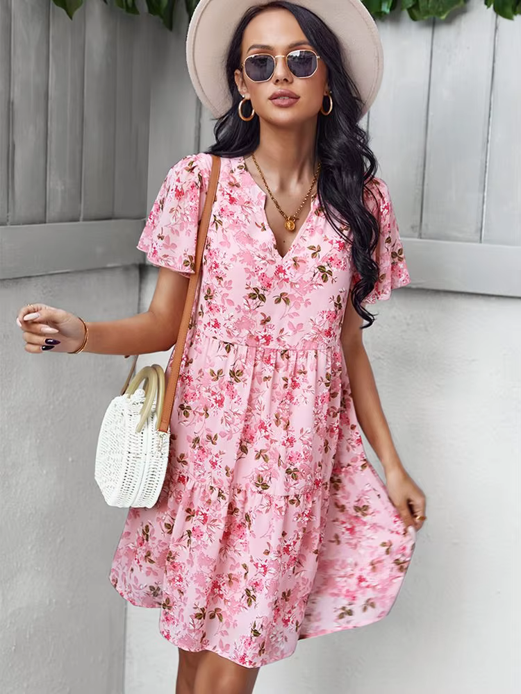Casual Floral Printed V-Neck Short Sleeve Loose Mini Dress - Image 8
