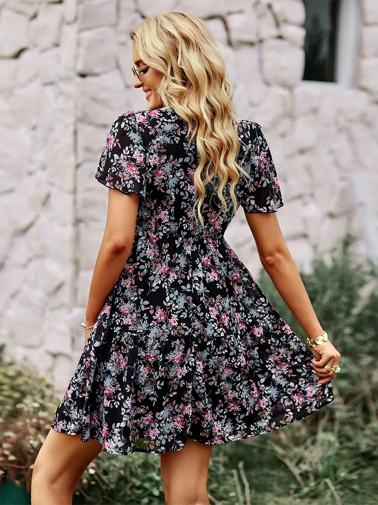 Casual Floral Printed V-Neck Short Sleeve Loose Mini Dress - Image 6