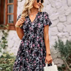 Casual Floral Printed V-Neck Short Sleeve Loose Mini Dress