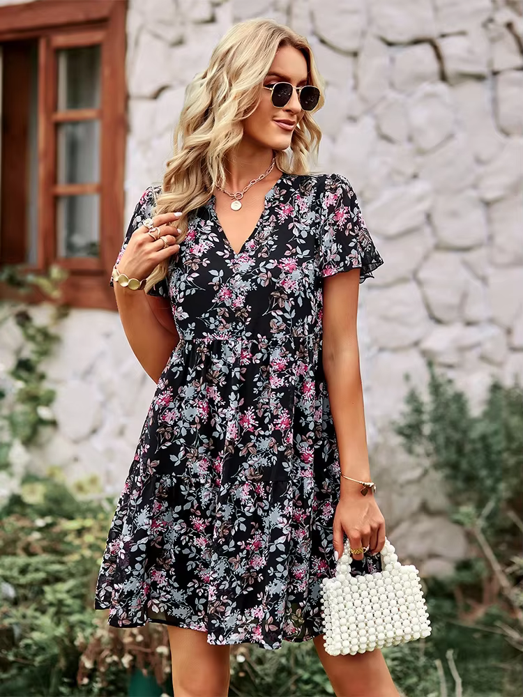 Casual Floral Printed V-Neck Short Sleeve Loose Mini Dress