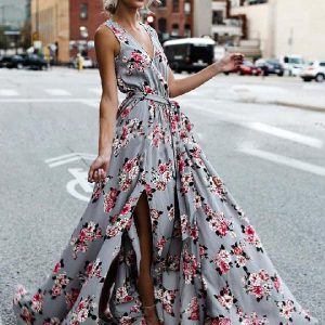 Casual Floral Printed V-Neck Sleeveless Lace Up Floor Length Maxi Dresses