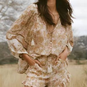 Casual Floral Printed V-neck Long Sleeve Tassel Blouse Shirts And Shorts