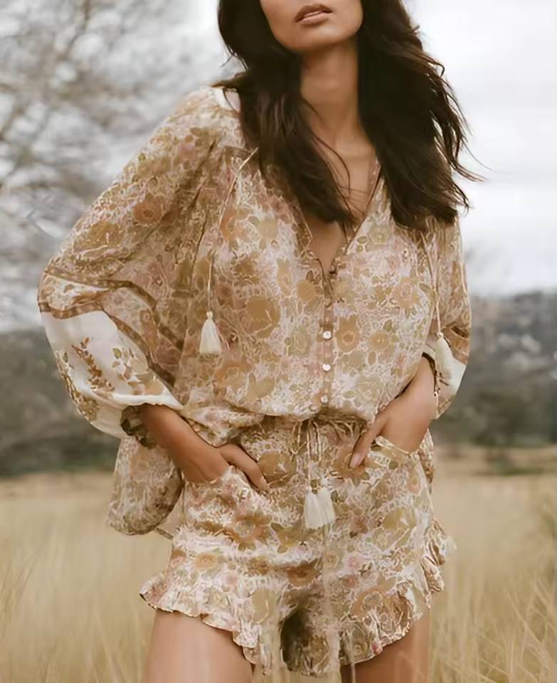 Casual Floral Printed V-neck Long Sleeve Tassel Blouse Shirts And Shorts
