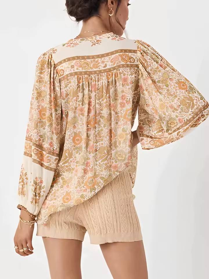 Casual Floral Printed V-neck Long Sleeve Tassel Blouse Shirts And Shorts - Image 2
