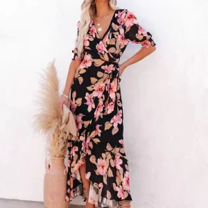 Casual Floral Ruffles Lace Up Belted Asymmetrical Wrap Maxi Dress