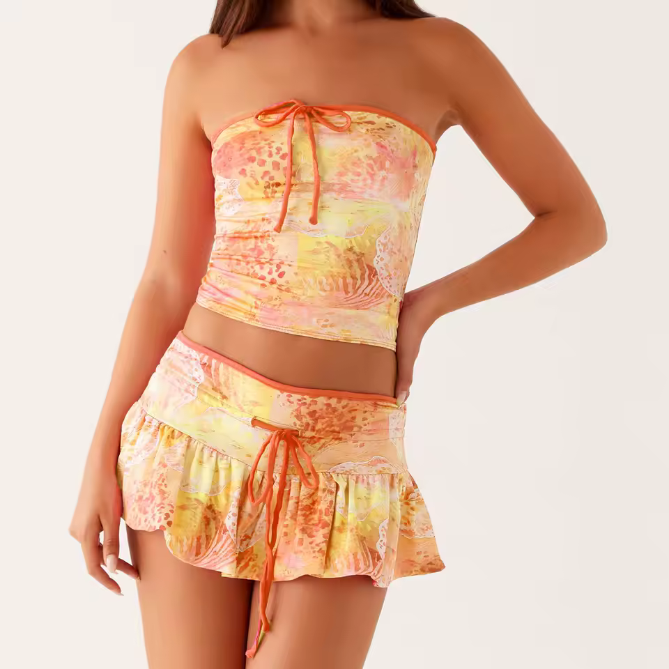 Casual Ruffles Strapless Tie-up Front Tube Tops And Mini Skirt Two Piece Set - Image 2