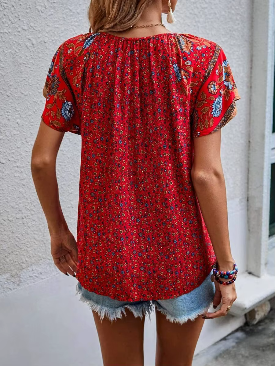 Casual Floral V-Neck Short Sleeve Bohemian Beach Style Printed Shirt - Image 5