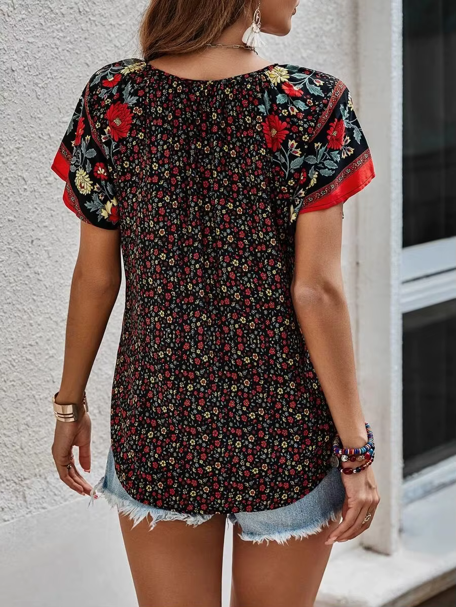 Casual Floral V-Neck Short Sleeve Bohemian Beach Style Printed Shirt - Image 2