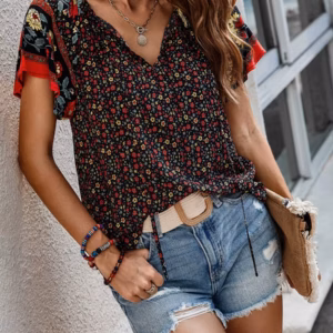 Casual Floral V-Neck Short Sleeve Bohemian Beach Style Printed Shirt