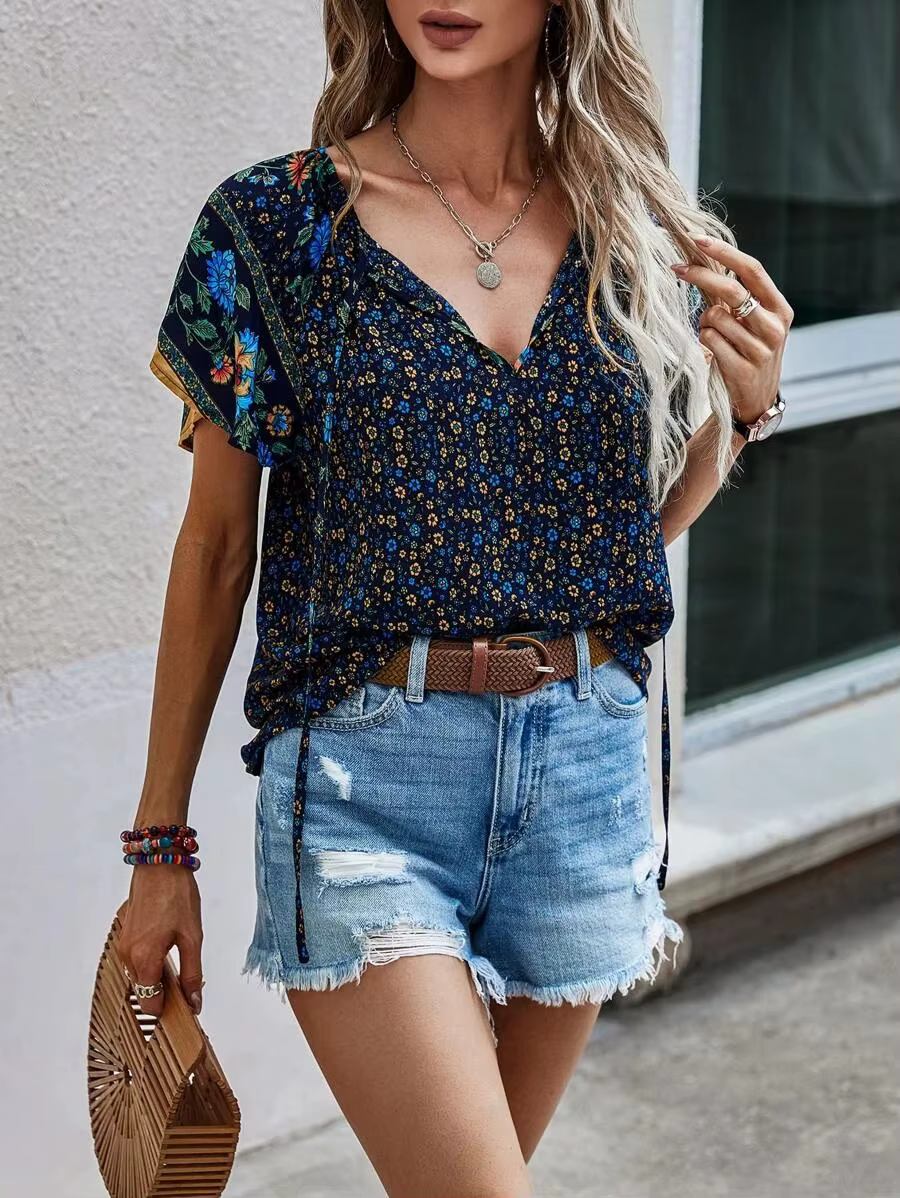Casual Floral V-Neck Short Sleeve Bohemian Beach Style Printed Shirt - Image 6