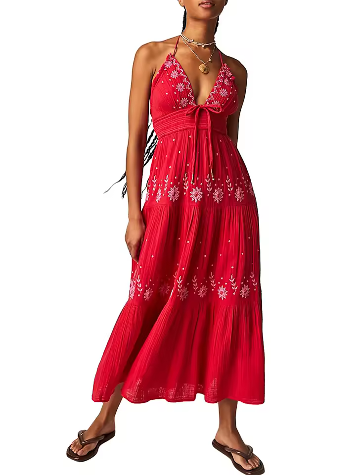 Casual Flower Embroidery Tie-Up Halter Neck Sleeveless Ankle-Length Maxi Dress - Image 6