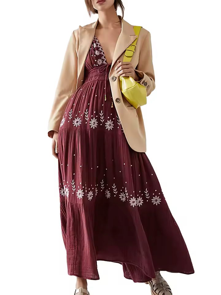 Casual Flower Embroidery Tie-Up Halter Neck Sleeveless Ankle-Length Maxi Dress - Image 5