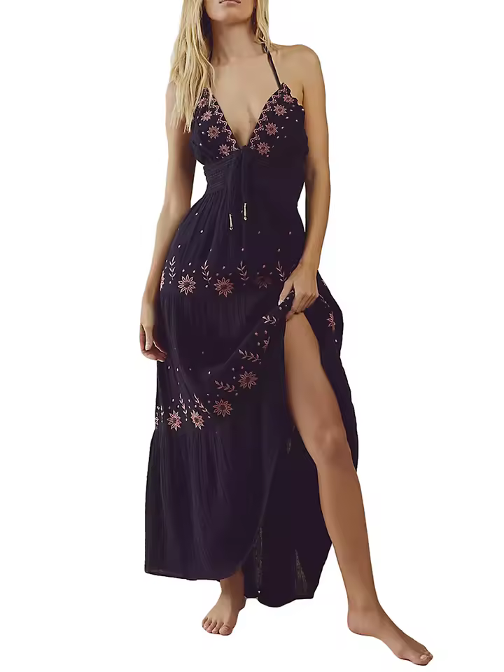 Casual Flower Embroidery Tie-Up Halter Neck Sleeveless Ankle-Length Maxi Dress - Image 4