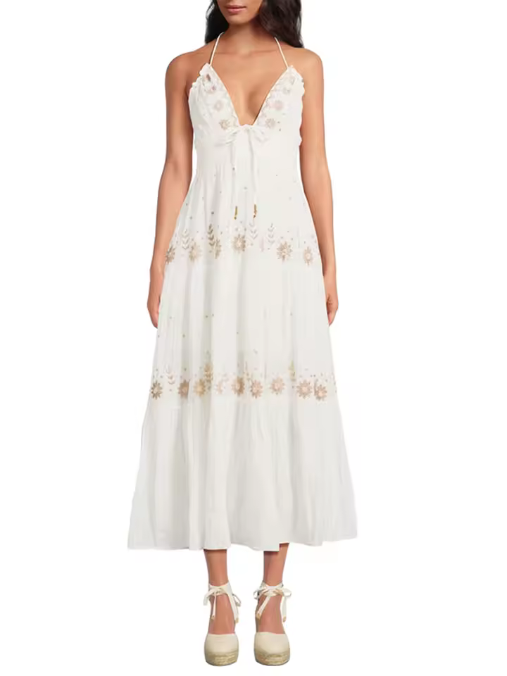 Casual Flower Embroidery Tie-Up Halter Neck Sleeveless Ankle-Length Maxi Dress - Image 3