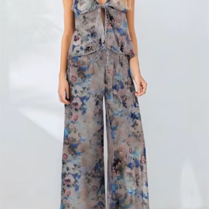 Casual Flowers Print Tie-up Backless Ruffles Camisoles Tops with Wide Leg Pants Sleepwear Loungewear