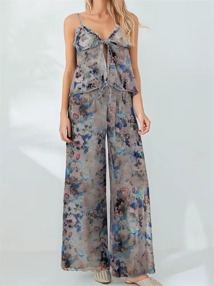 Casual Flowers Print Tie-up Backless Ruffles Camisoles Tops with Wide Leg Pants Sleepwear Loungewear