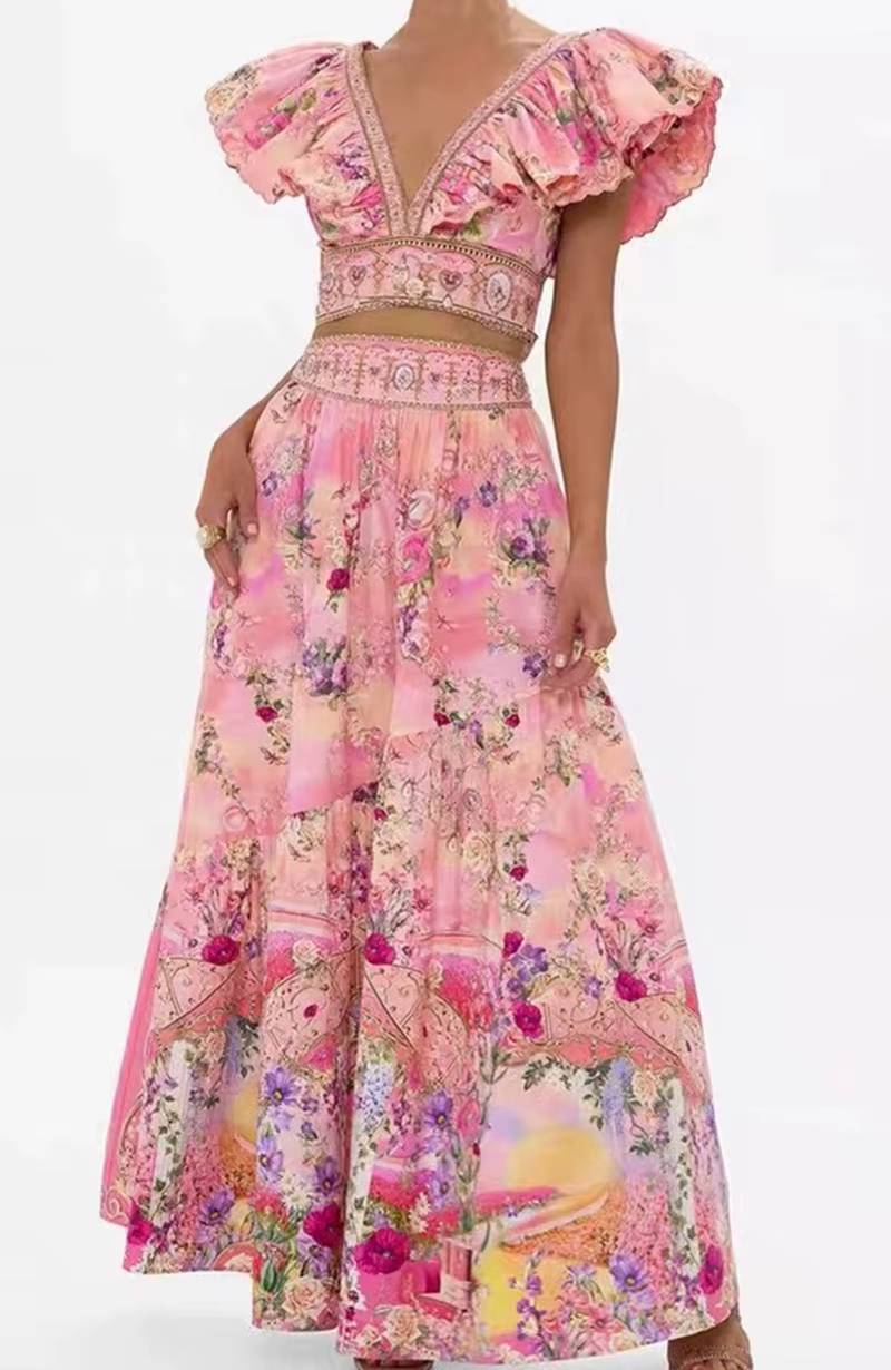 Casual Flying Sleeves Short Top And High Waist And Big skirt 2-Piece Set