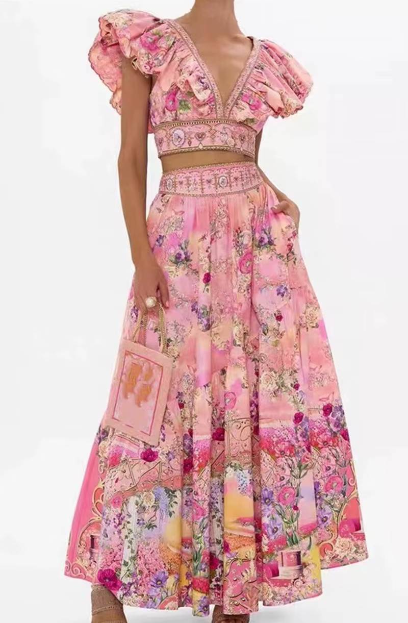 Casual Flying Sleeves Short Top And High Waist And Big skirt 2-Piece Set - Image 2