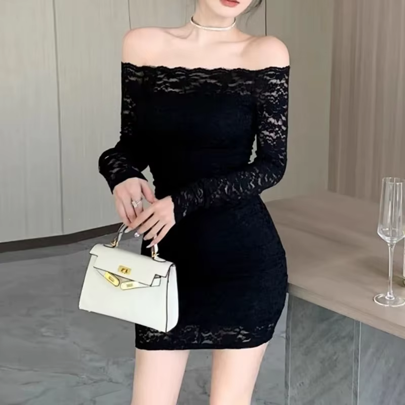 Casual Frock Slash Neck Hollow Cut Streetwear Partywear Long Sleeve Party Lace Dress