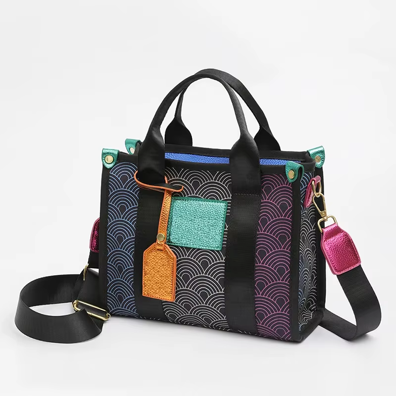 Casual Geometric Interior Zipper Pocket Canvas Tote Shoulder Bag