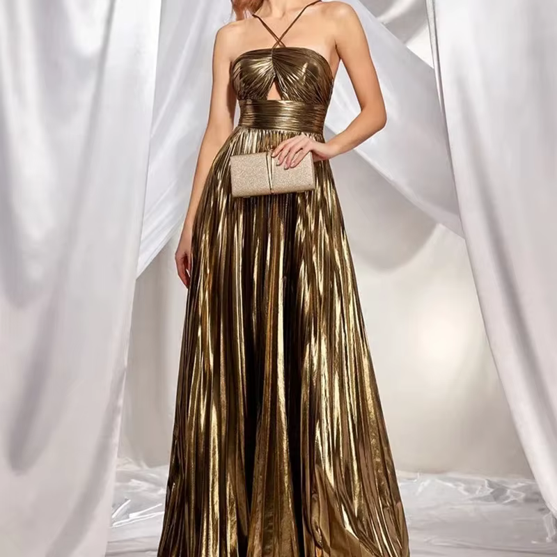 Casual Halter Hollow Out Sleeveless Pleated Backless High Waist Evening Maxi Dress