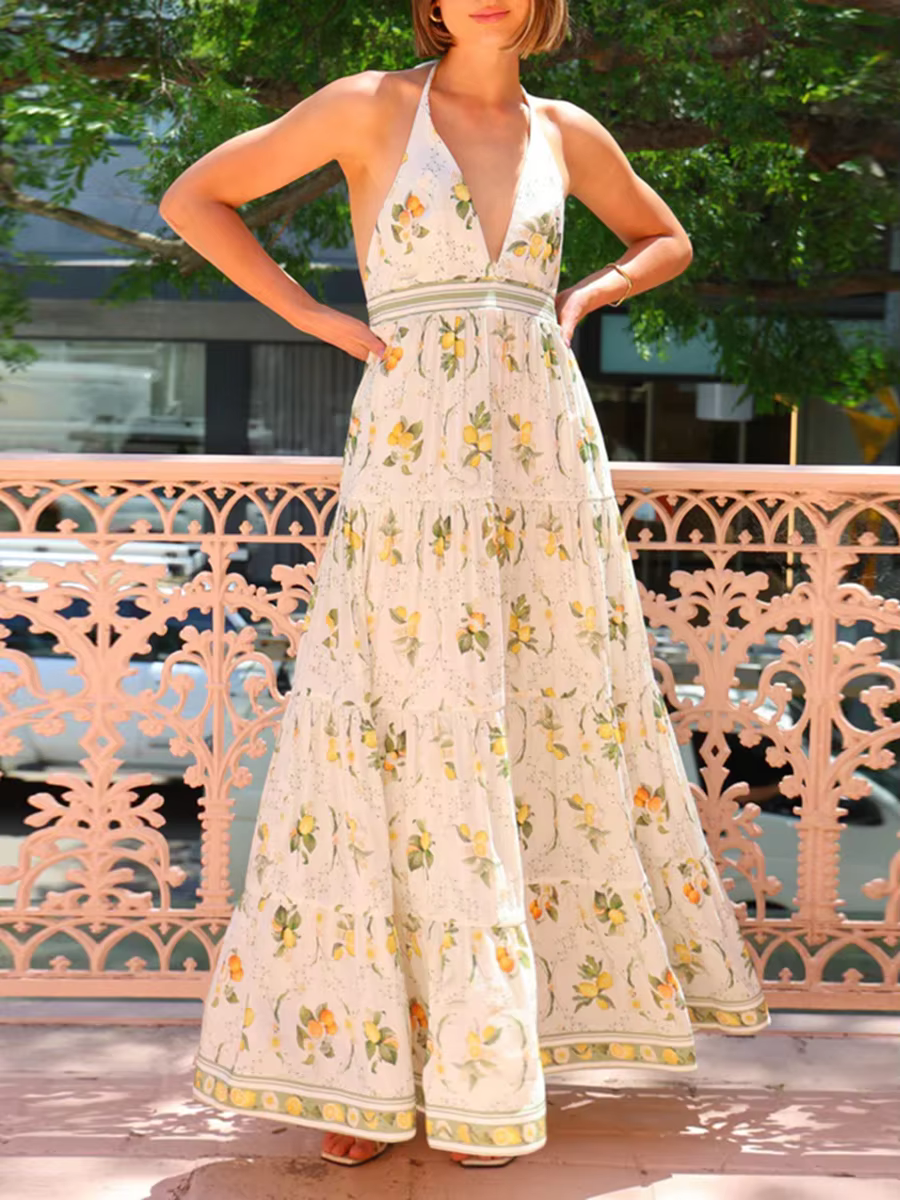 Casual Halter Neck Sleeveless High Waist Folds Backless Printing Long Dress