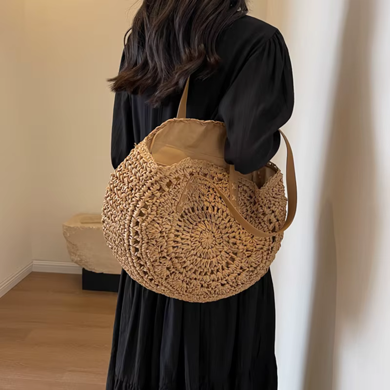 Casual Handmade Straw Holiday Beach Tote Top-Handle Retro Shoulder Bags