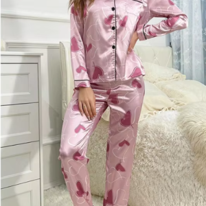 Casual Heart Printed Satin Long Sleeve Lapel Sleepwear Pajama Pants Home Nightwear