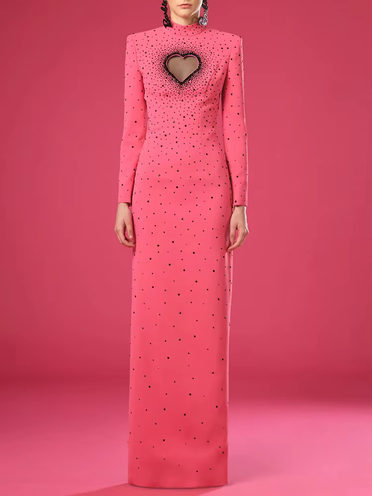 Casual Heart Shaped Hollowed Out Backless Diamonds Long Maxi Dress