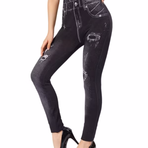 Casual High Waist Love Holes Print Black Jeggings Stretch Faux Denim Pencil Leggings
