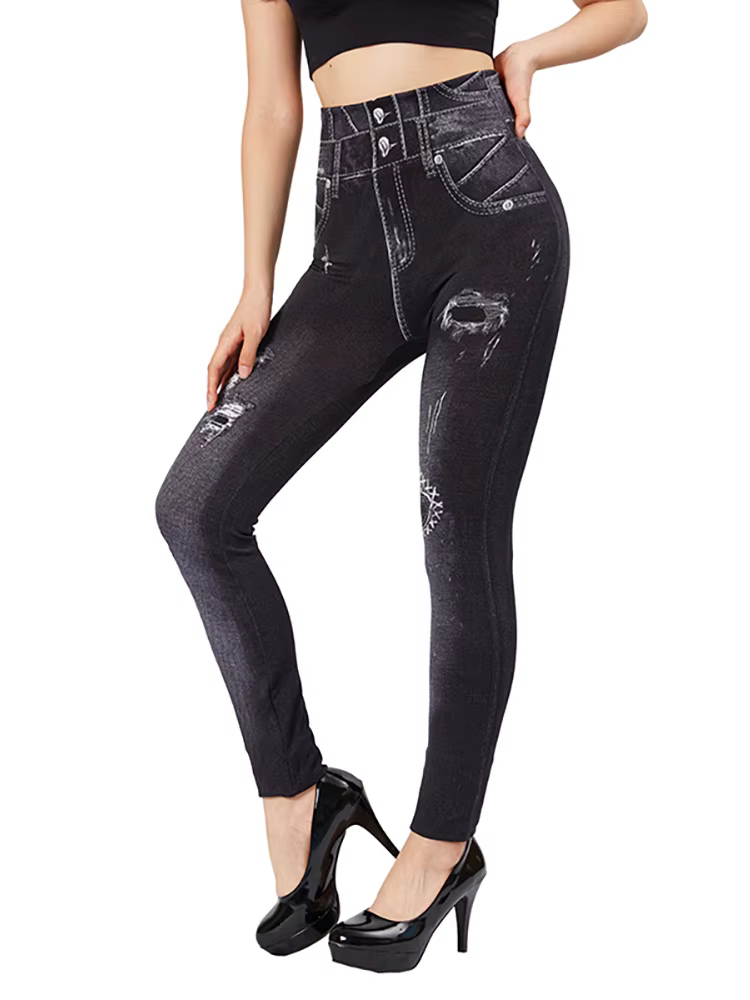 Casual High Waist Love Holes Print Black Jeggings Stretch Faux Denim Pencil Leggings