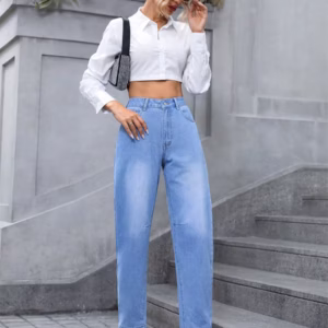 Casual High Waisted Pockets All-match Straight Leg Denim Pants
