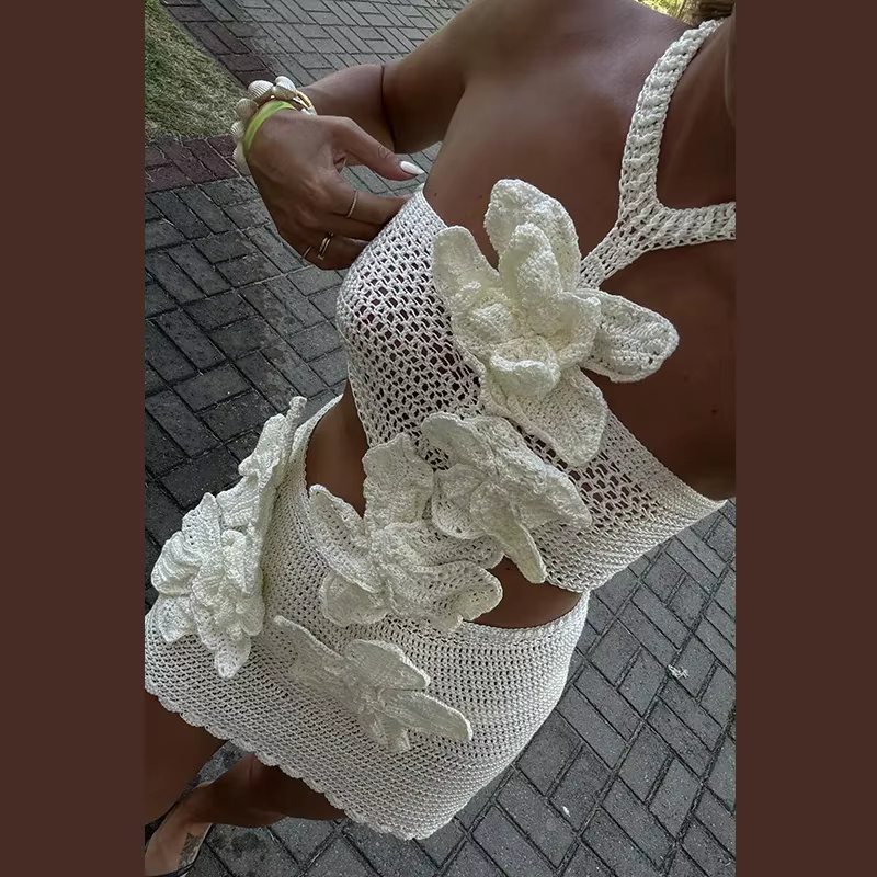 Casual Hollow Out Sleeveless Halter Beach 3d Flower Knitted Dresses - Image 4