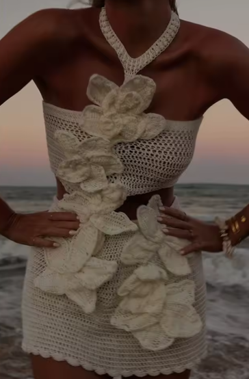 Casual Hollow Out Sleeveless Halter Beach 3d Flower Knitted Dresses - Image 5