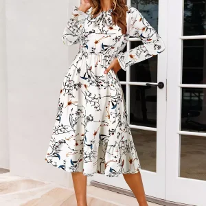 Elegant Floral Print Jewel Neck With Long Sleeve Bows Midi Dress