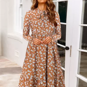 Casual Jewel Neck With Long Sleeve Bows Floral Print Midi Dress