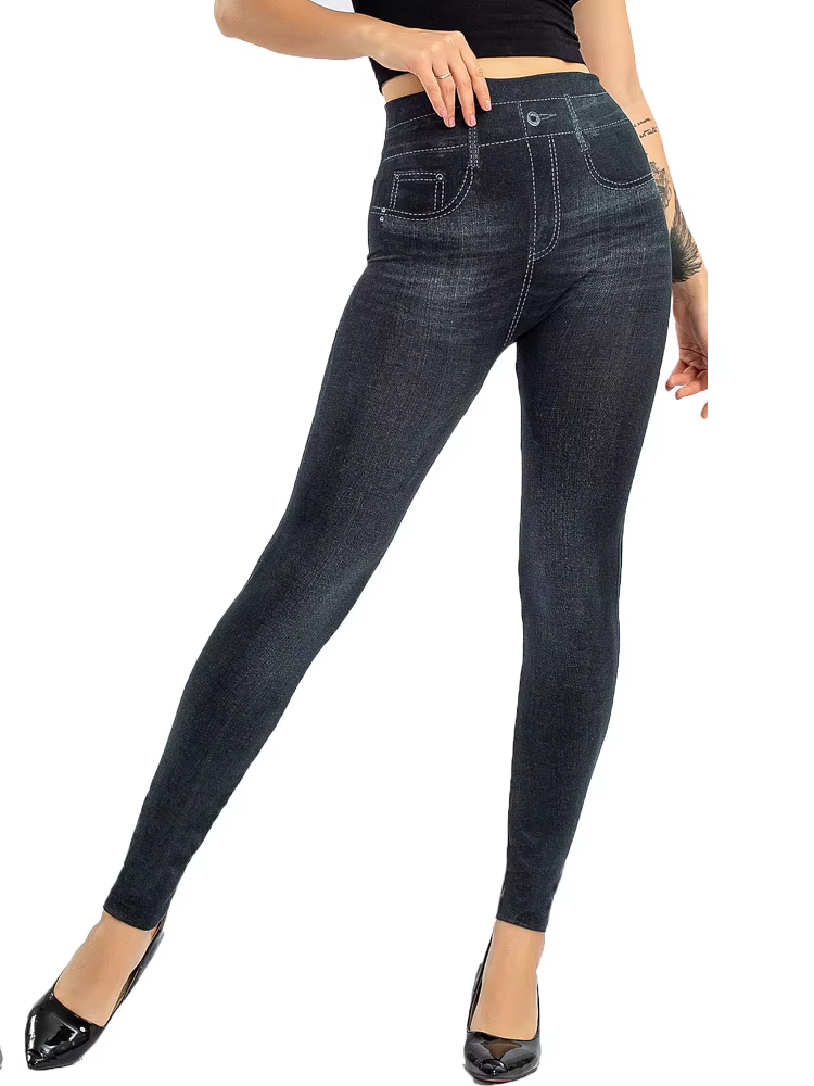 Casual Knitted Pencil Pants Geometric Faux Denim Gym Leggins