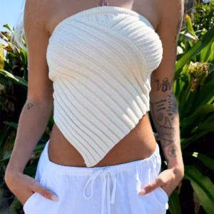 Casual Knitted Solid Color Ribbed Irregular Hem Strapless Off Shoulder Tank Tops