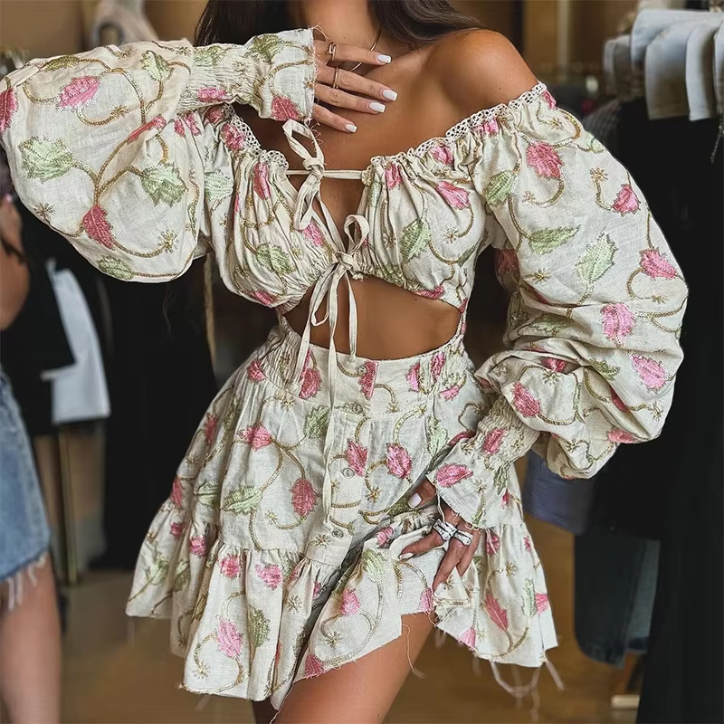 Casual Lace Hollow Out Slash Neck Long Sleeve A-line Print Off Shoulder Mini Dress - Image 3